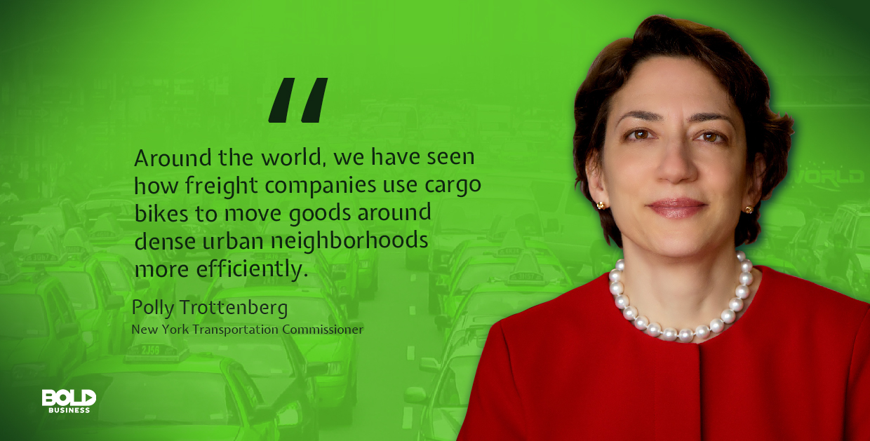 Freight companies efficiently use cargo bikes around the world, according to Polly Trottenberg. Cargo bikes efficiently move goods around, Polly Trottenberg quoted
