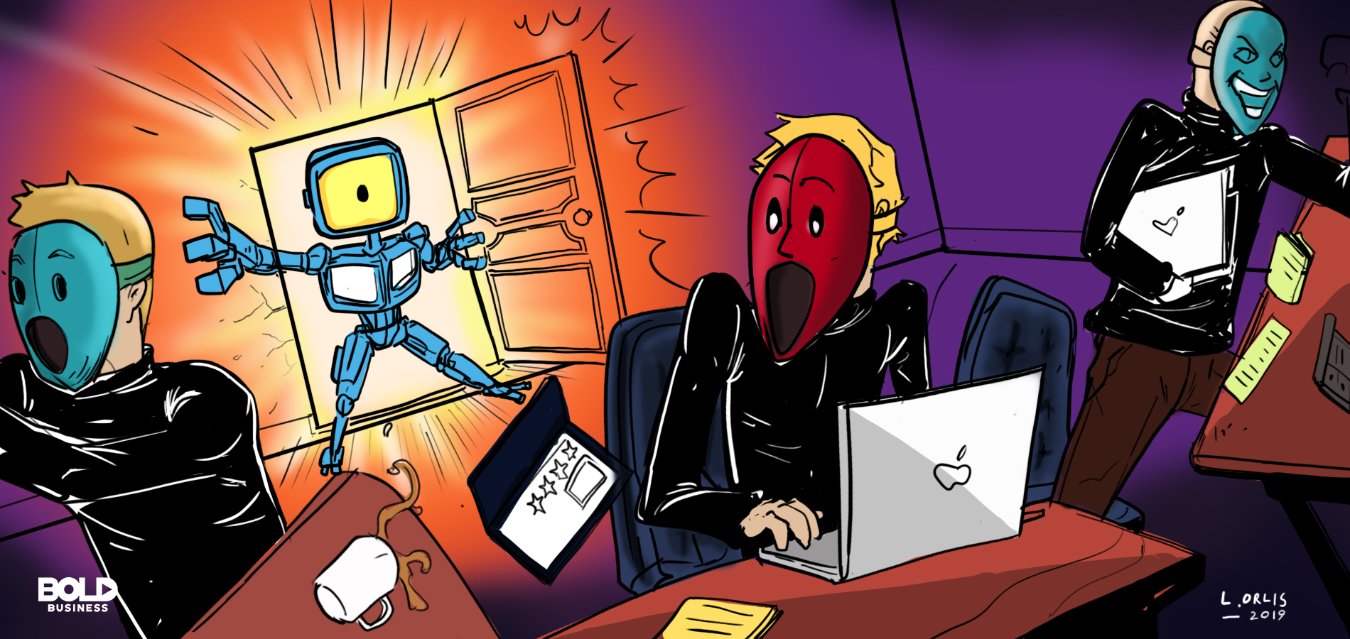 cartoon of masked men making online fake reviews in a dark room and an AI Technology robot busting in on them
