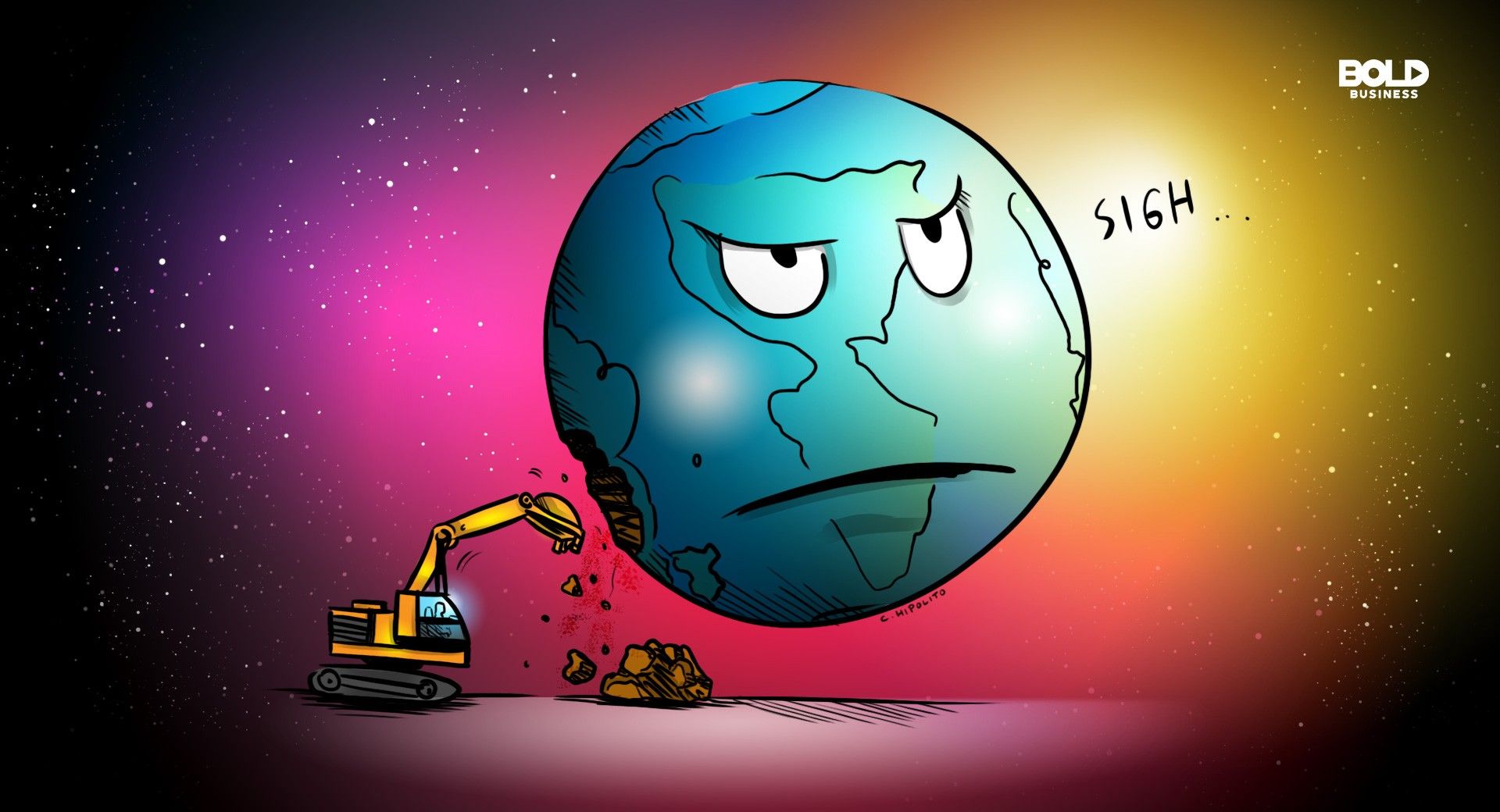 a cartoon of earth being destroyed by non-sustainable practices