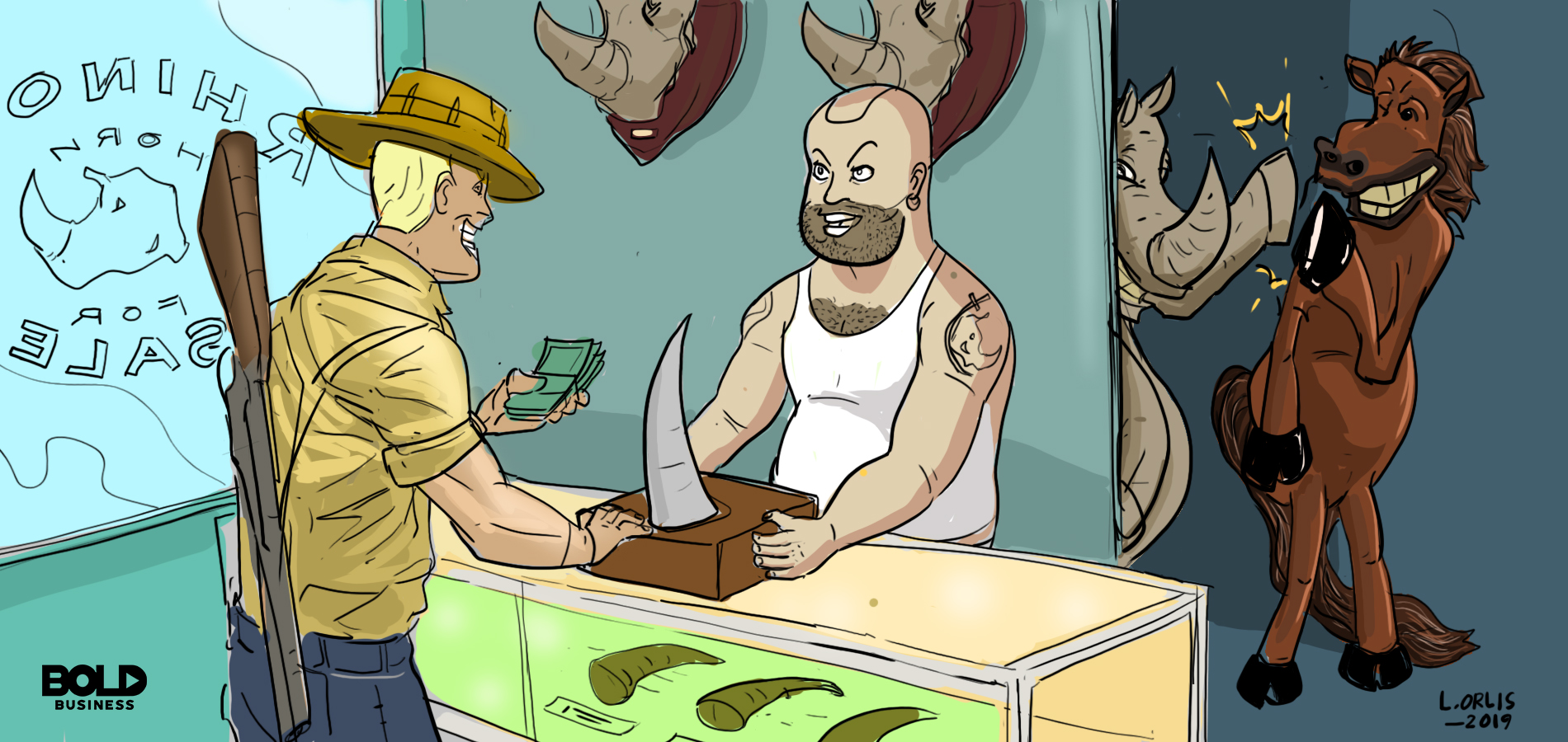 cartoon of a merchant selling a rhino synthetic horn to a poacher while a rhino and a horse high-fives while in hiding