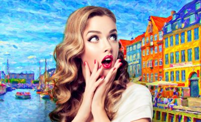 a blonde woman in shock while in front of a background of a colorful scenic painting as she hears the health benefits of art