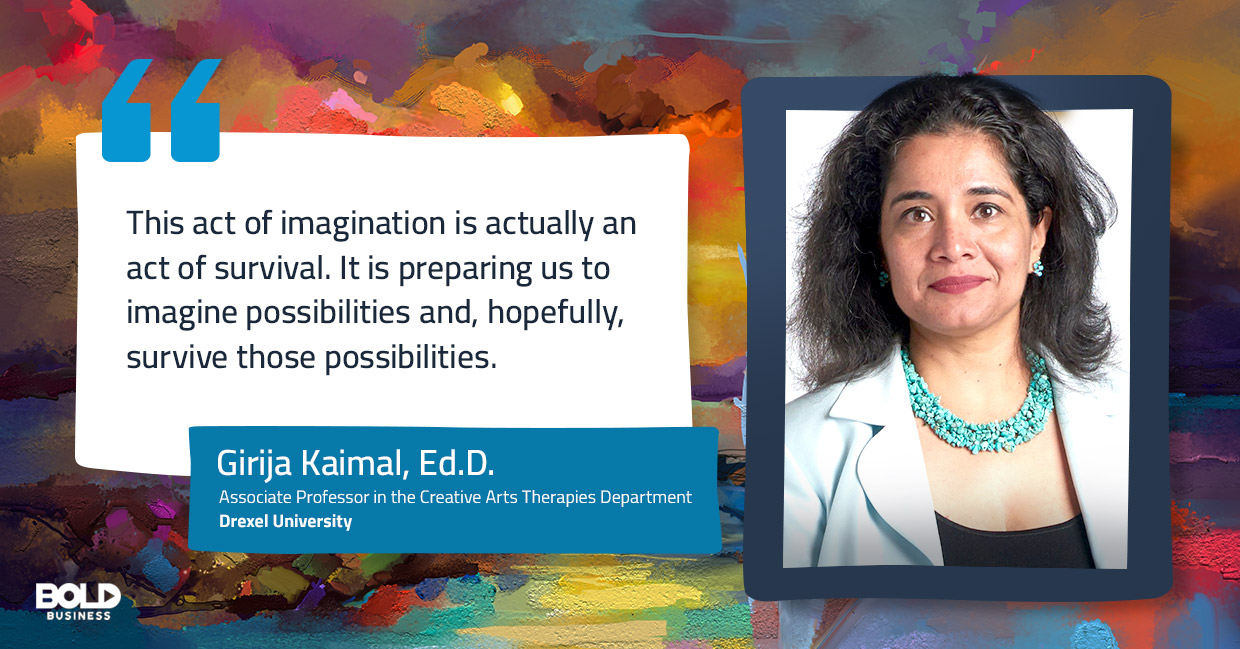 a photo quote of Girija Kaimal concerning the connection of the health benefits of art to a longer life expectancy