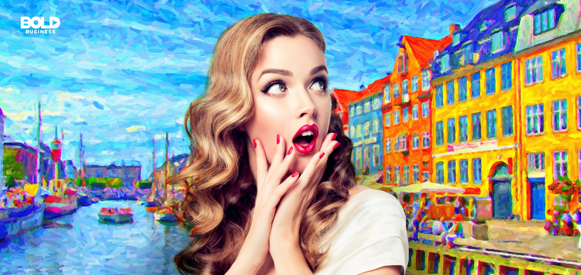 a blonde woman in shock while in front of a background of a colorful scenic painting as she hears the health benefits of art