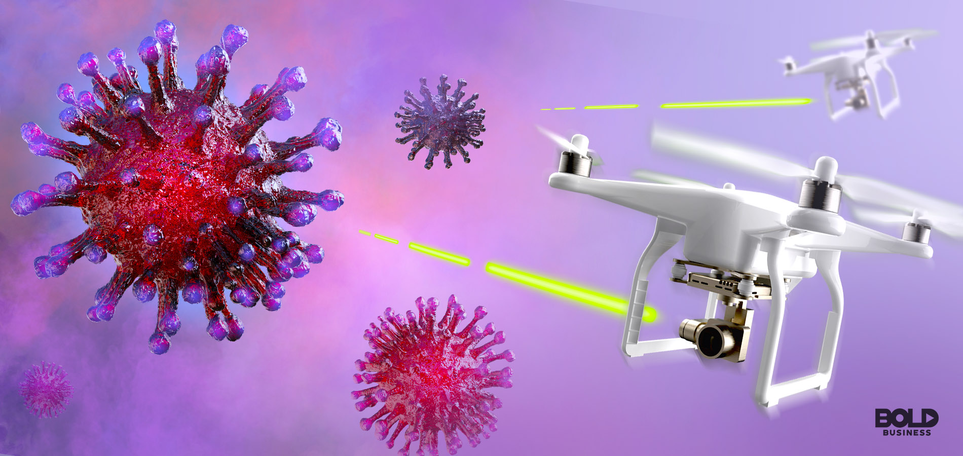 drones firing at a magnified virus in relation to the use of drone technology in fighting the coronavirus infection