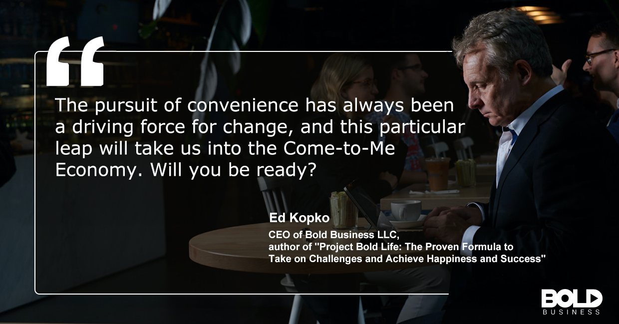 Ed Kopko in a coffee shop, writing about the Come to Me Economy