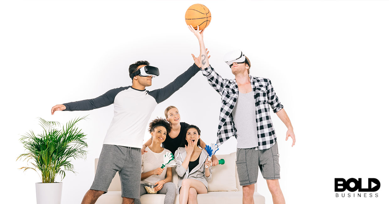 Some dudes playing a virtual basketball game
