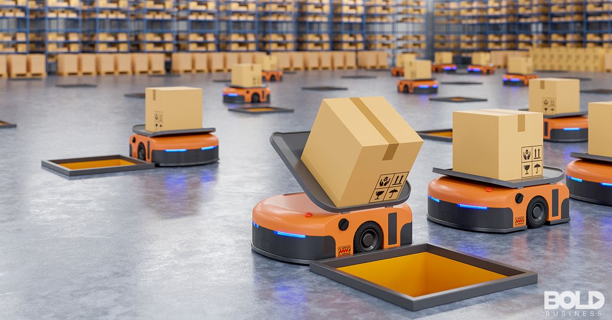 A bunch of robots handling packages in a warehouse