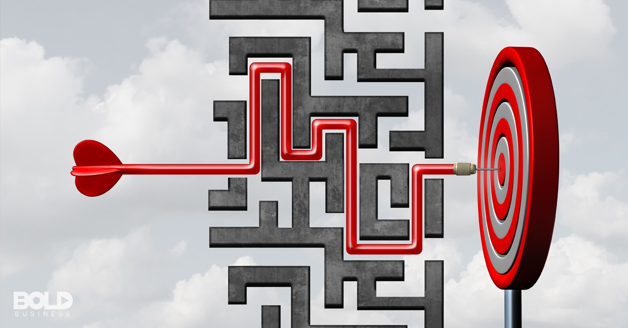 A dart traveling a circuitous route to a bullseye