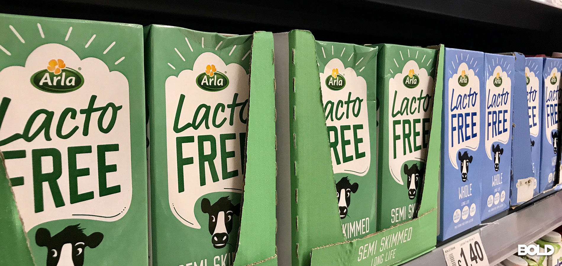 A bunch of cartons of lactose-free milk