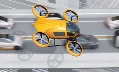A yellow flying taxi skipping over the traffic jam