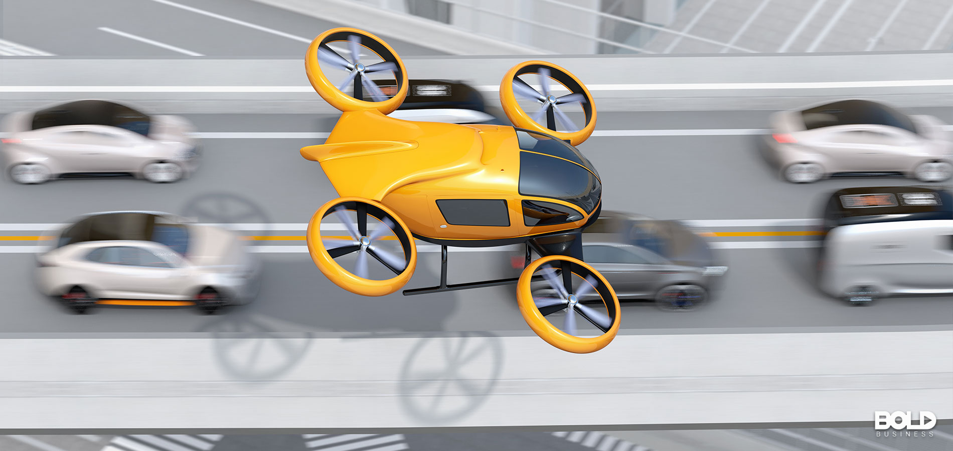 A yellow flying taxi skipping over the traffic jam