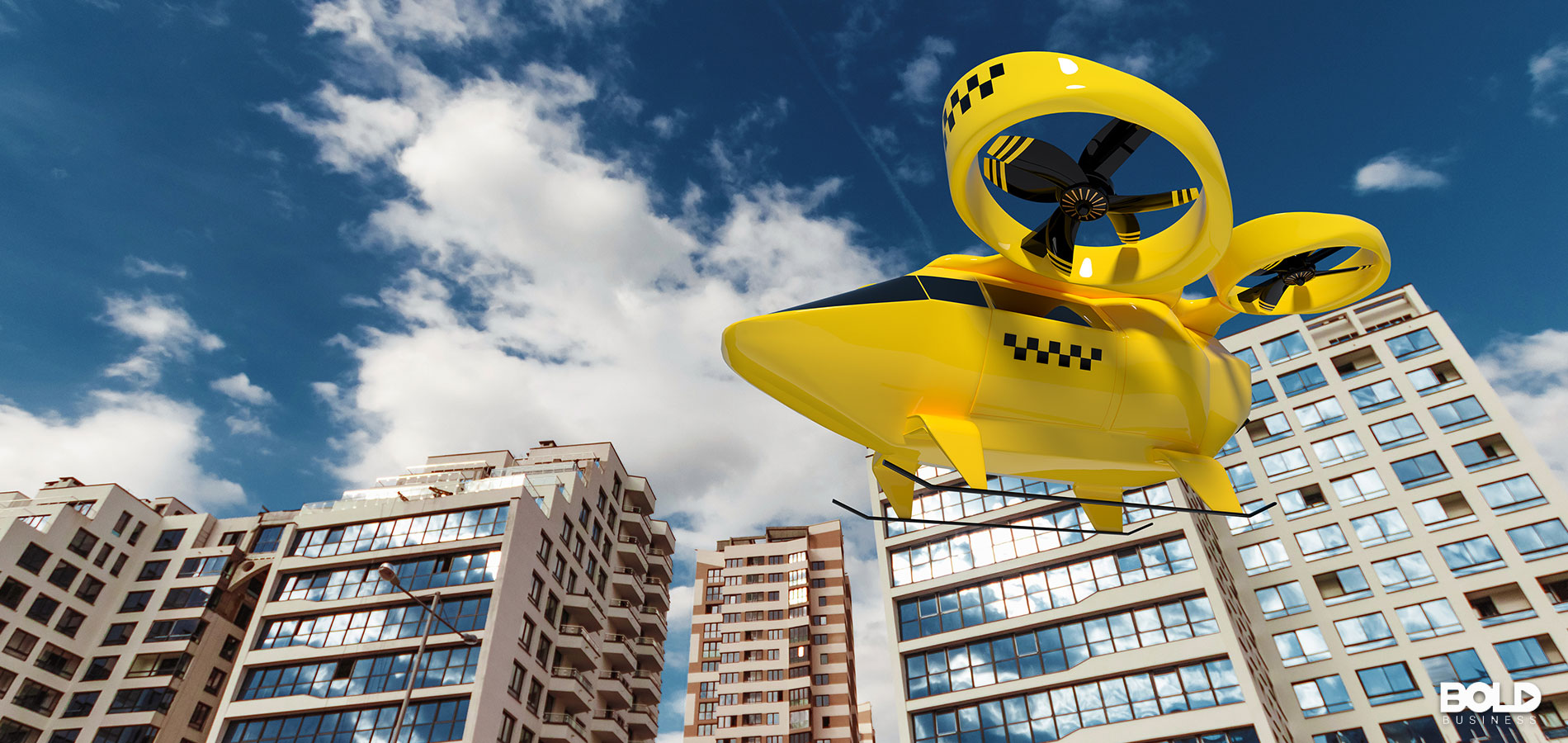 A yellow air taxi flying through the city