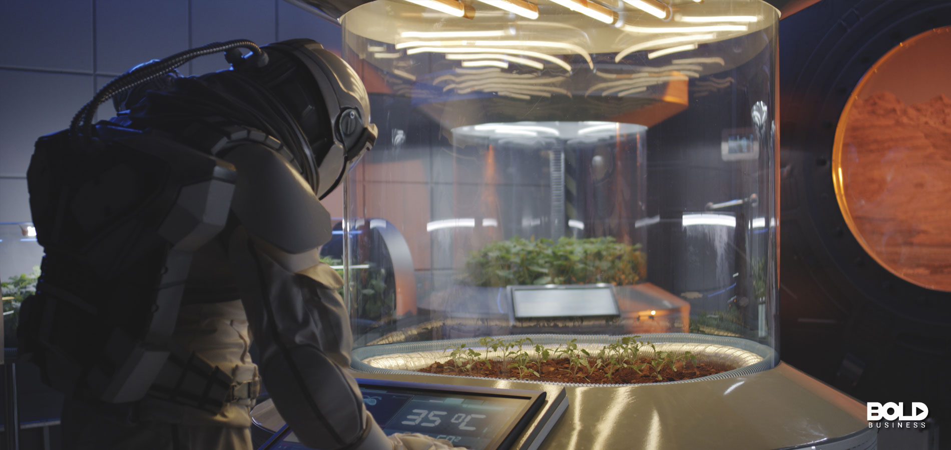 An astronaut growing some space crops