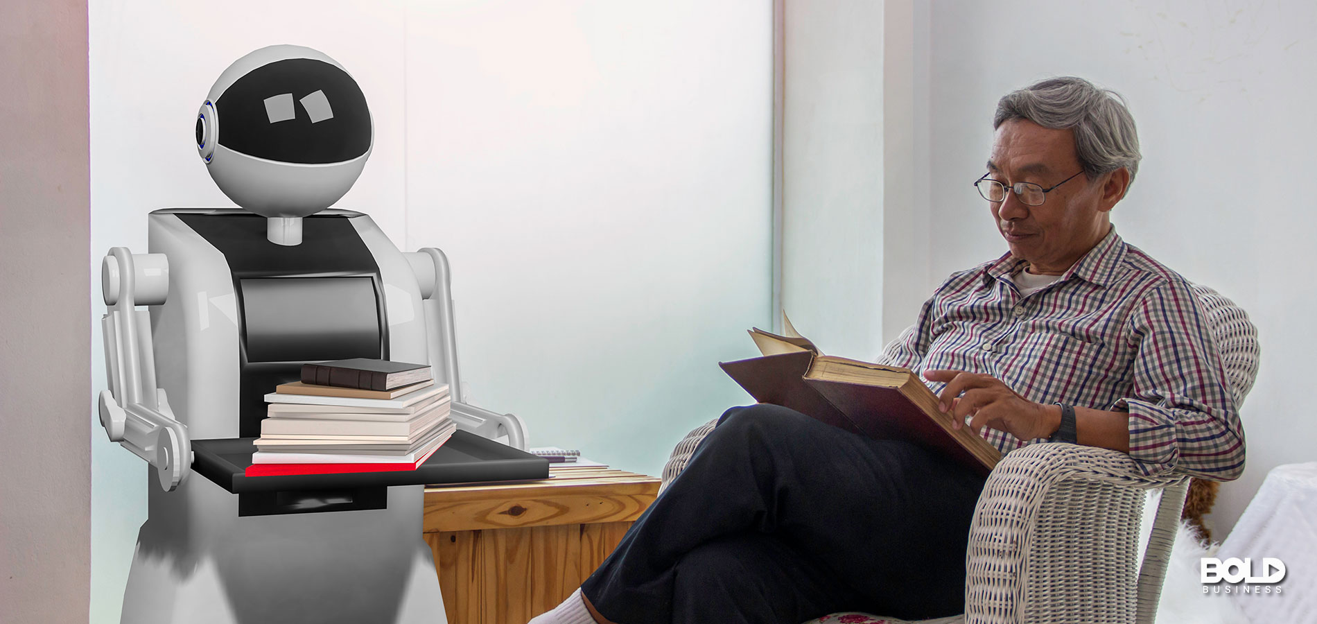 A robot handing out with an old dude