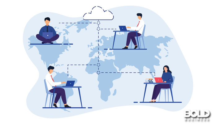 A cartoon of four people connected via network