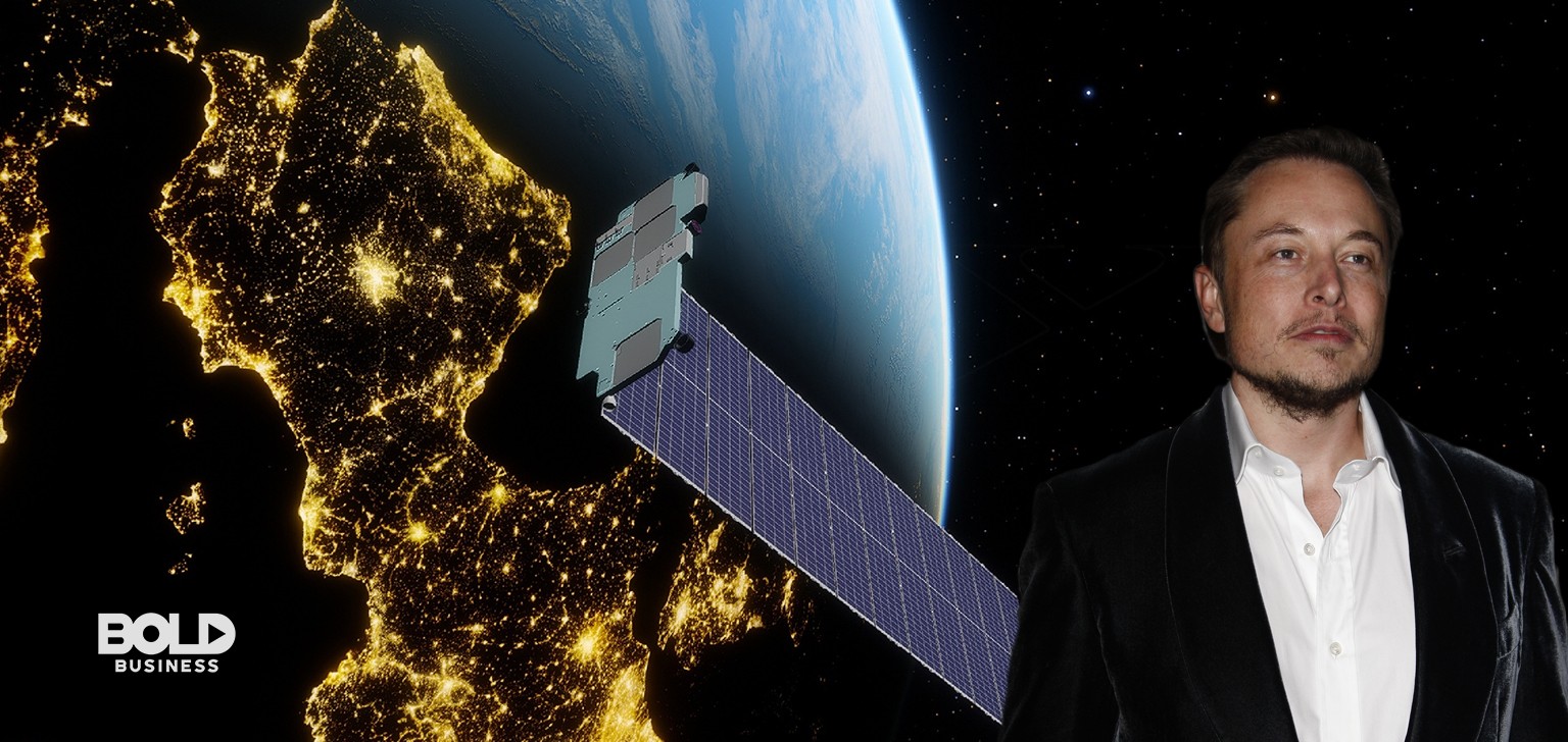 Elon Musk floating in space next to a satellite