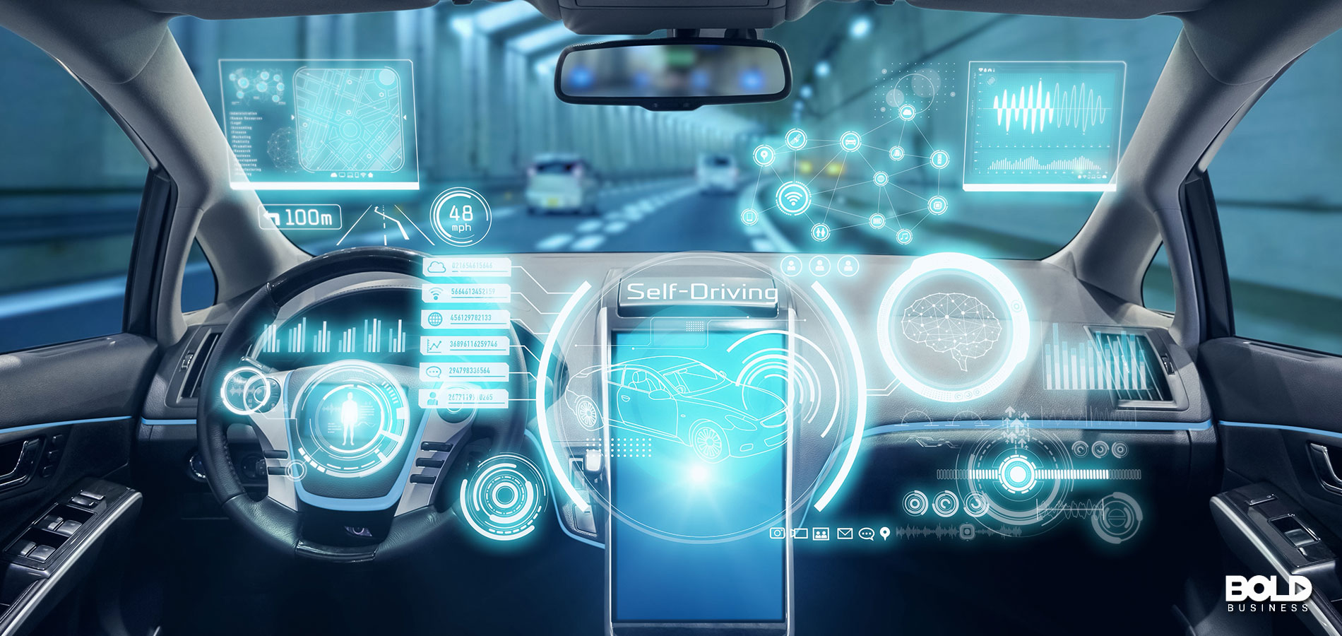A self-driving car as viewed from behind the wheel