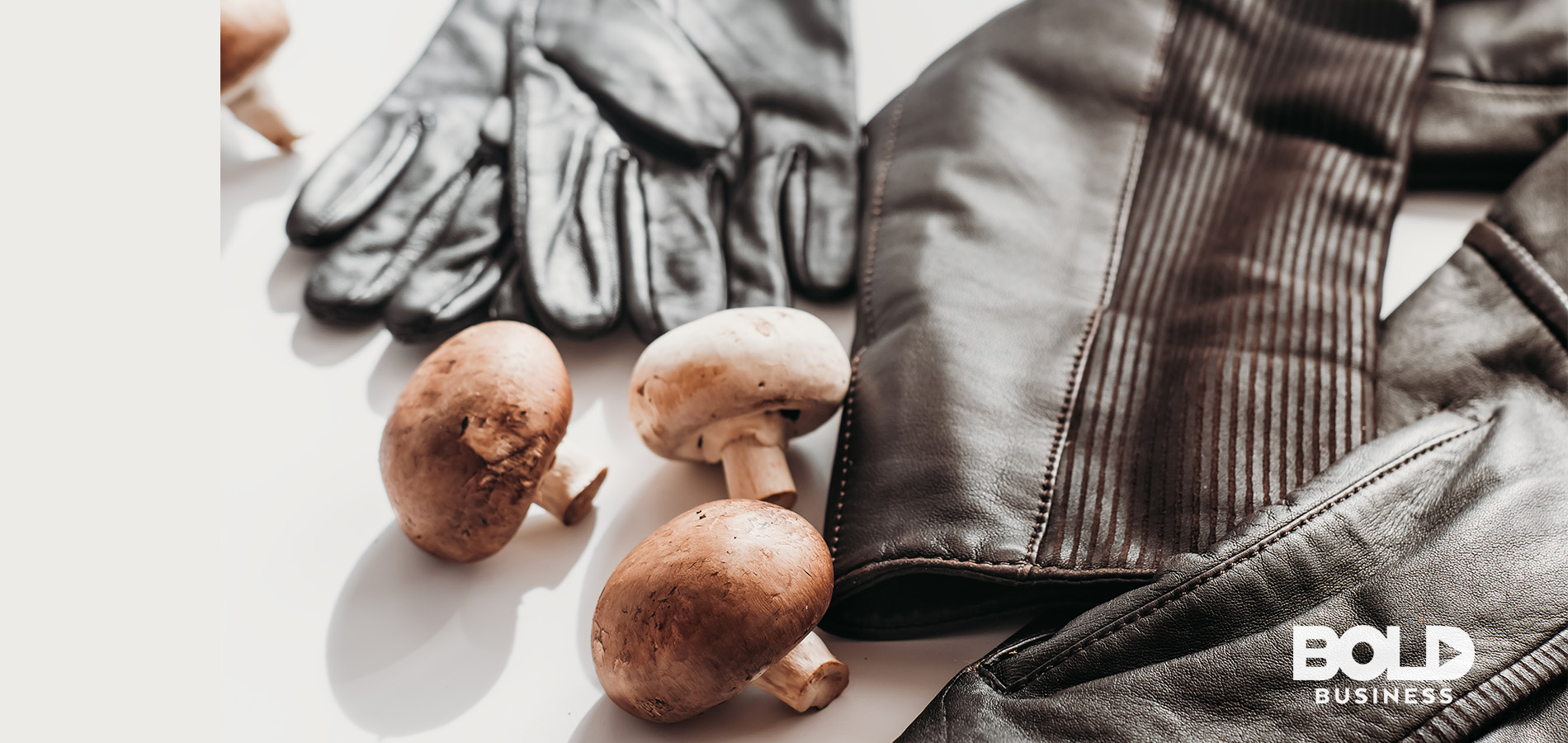 Mushrooms lying next to some leather, making them sustainable leather alternatives